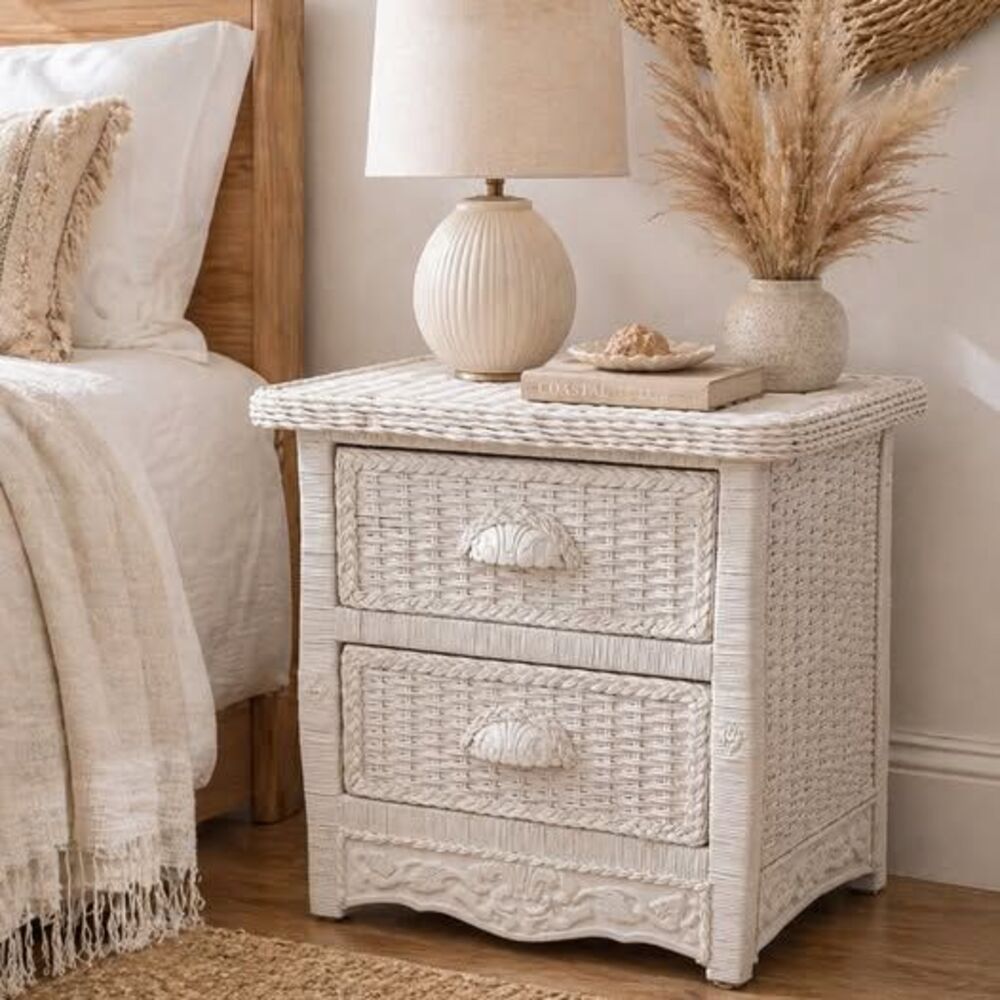 Vintage Pier 1 Jamaica Collection White Wicker Nightstand / Bedside Table